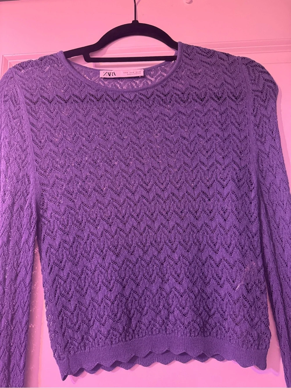 Zara Pointelle Knit Bell Sleeve Top – Blue – Size M